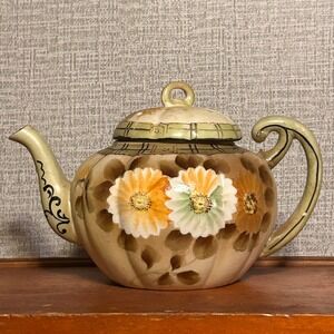 Antique Nippon Teapot Hand Painted Yellow Floral Melon Plaid Rim Mark⁠ c. 1910